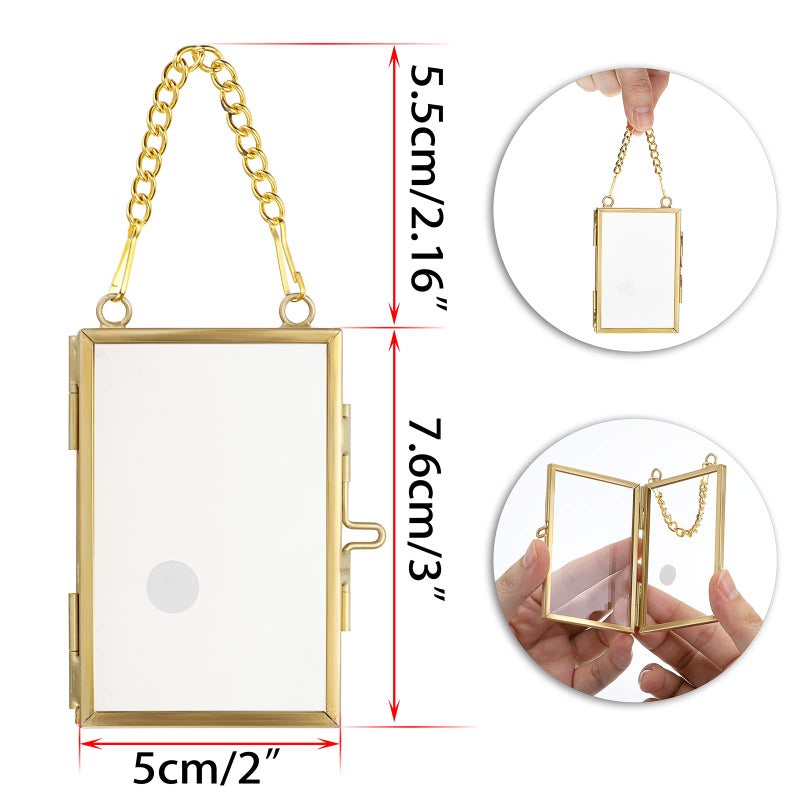 JUXYES Set of 4 Mini Wall Hanging Brass Frames for Pressed Flowers, Double Glass Hanging Picture Artwork Display Frame, Vertical Gold Floater Style Gallery Wall Frame for Photo Picture Poster etc, 3x2 Inches - Image 2